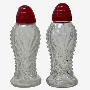 Vintage 30s-50s Hourglass Shaped Cut Glass Plastic Top Red Salt Pepper Shakers